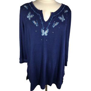 Karen Brooks Women's Top 1X Blue 3/4 Sleeve Embroidered Butterflies Notch Neck